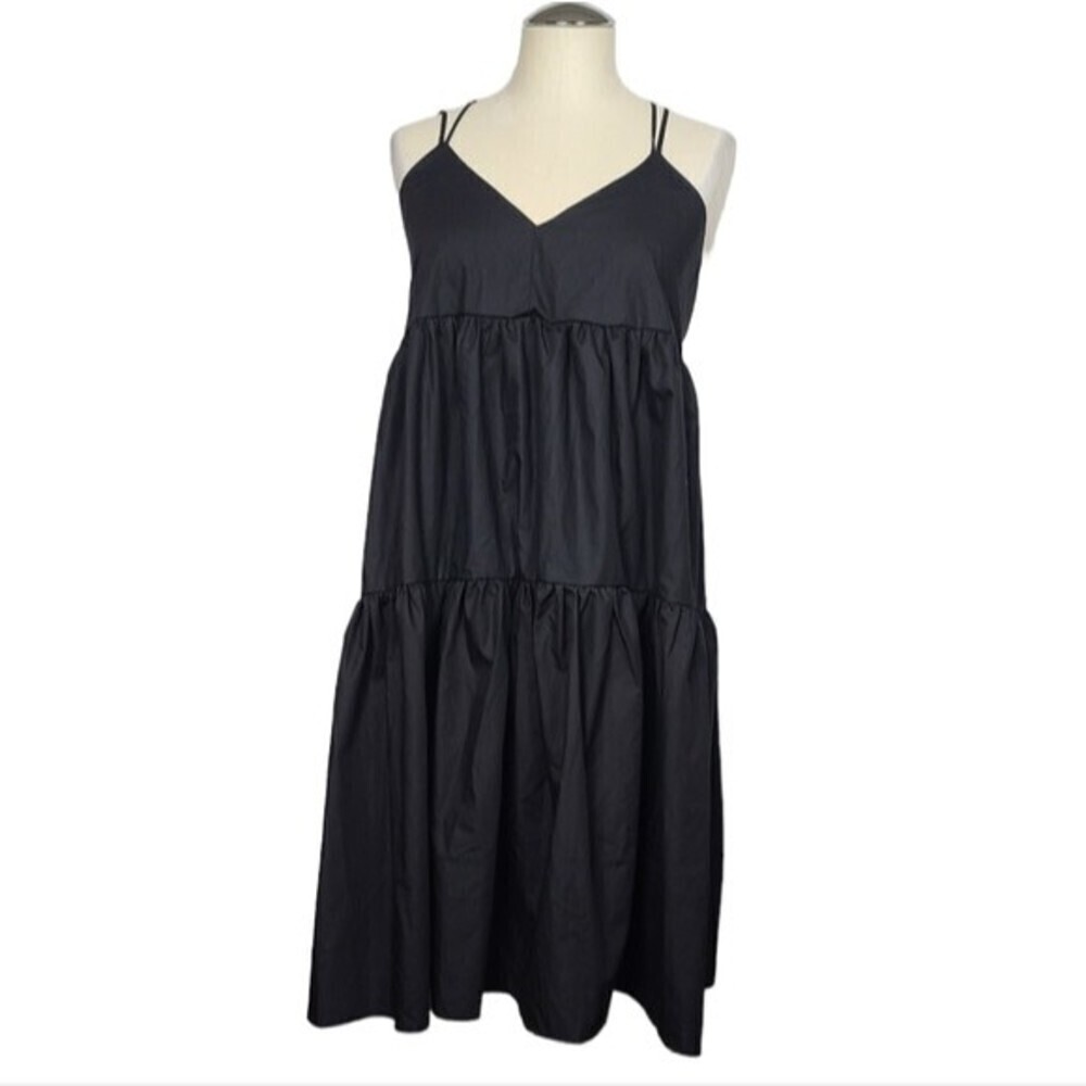 Black V Neck Criss Cross Tiered Dress S